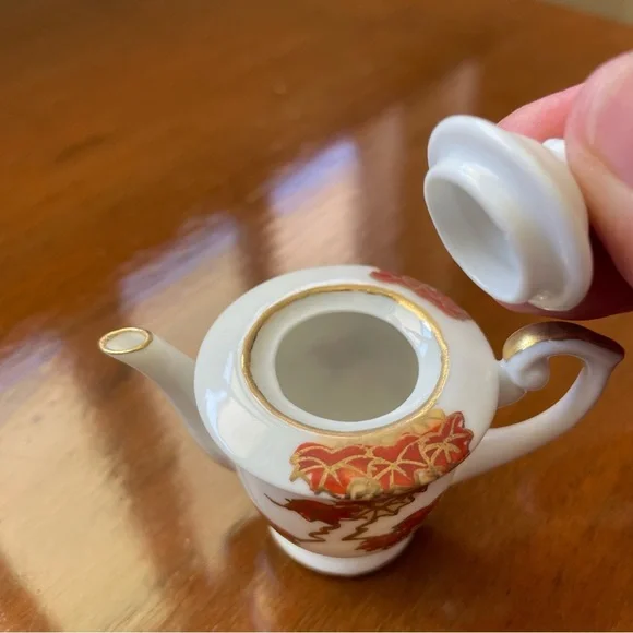 Vintage Porcelain Miniature Tea Set White Red Orange Yellow Gold Gilded Maple - Picture 4 of 12